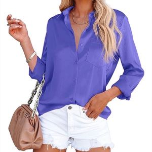 Women's Button Down Shirts Satin V Neck Long Sleeve